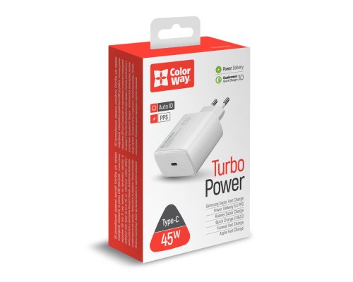 Зарядний пристрій ColorWay Power Delivery Port PPS USB Type-C (45W) white (CW-CHS034PD-WT)