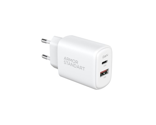 Зарядний пристрій Armorstandart 1xUSB-C PD25W + 1xUSB QC3.0 GaN white (ARM87066)