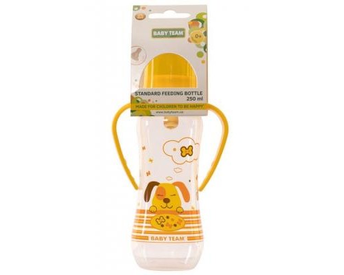 Пляшечка для годування Baby Team з латексною соскою і ручками 250 мл 0+ (1311_собачка_желтая)