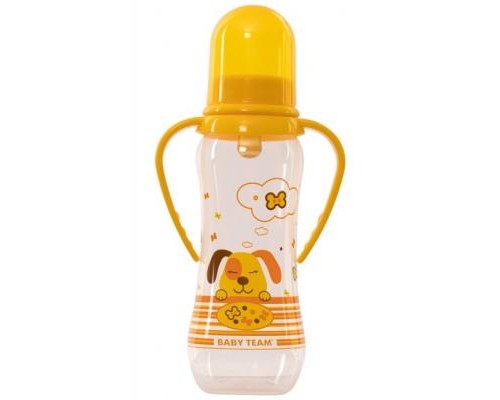 Пляшечка для годування Baby Team з латексною соскою і ручками 250 мл 0+ (1311_собачка_желтая)