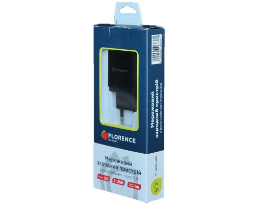 Зарядний пристрій Florence 2USB 2A + microUSB cable black (FL-1021-KM)