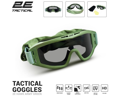 Тактичні окуляри 2E Hawk Army Green Anti-fog + сумка + 3 лінзи (2E-TGG-ARGN)