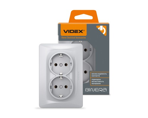 Розетка Videx BINERA 2ая с заземлением серебр (VF-BNSK2G-SS)