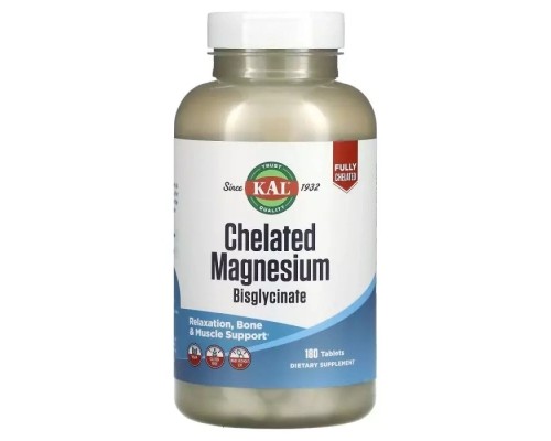 Мінерали KAL Магній хелатний бісгліцинат, Chelated Magnesium Bisglycinate, 180 табл. (CAL-58646)
