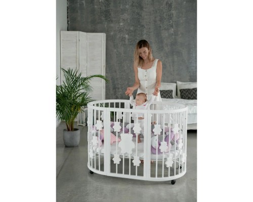 Ліжечко Ingvart трансформер Smart Bed Round (72х72, 72х120, 72х168 см) біле з декором 