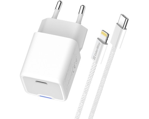 Зарядний пристрій ColorWay C101D GaN Mini 20W PD PPS USB-C + cable USB-C to Lightning white (CW-CHS059PDL-WT)