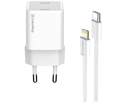 Зарядний пристрій ColorWay C101D GaN Mini 20W PD PPS USB-C + cable USB-C to Lightning white (CW-CHS059PDL-WT)