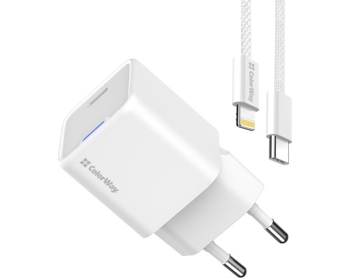Зарядний пристрій ColorWay C101D GaN Mini 20W PD PPS USB-C + cable USB-C to Lightning white (CW-CHS059PDL-WT)