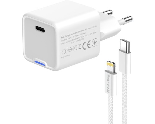 Зарядний пристрій ColorWay C101D GaN Mini 20W PD PPS USB-C + cable USB-C to Lightning white (CW-CHS059PDL-WT)