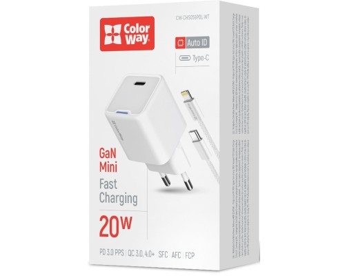 Зарядний пристрій ColorWay C101D GaN Mini 20W PD PPS USB-C + cable USB-C to Lightning white (CW-CHS059PDL-WT)