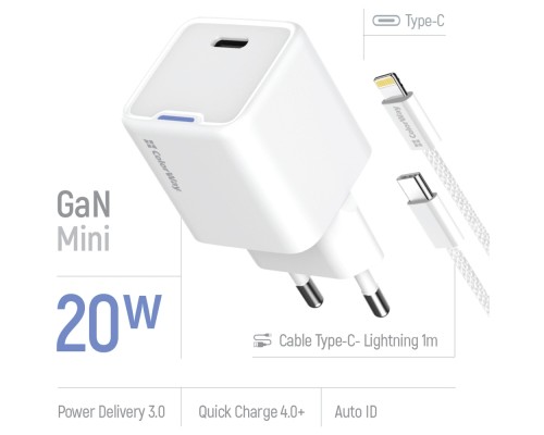 Зарядний пристрій ColorWay C101D GaN Mini 20W PD PPS USB-C + cable USB-C to Lightning white (CW-CHS059PDL-WT)