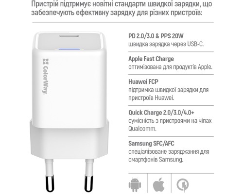 Зарядний пристрій ColorWay C101D GaN Mini 20W PD PPS USB-C + cable USB-C to Lightning white (CW-CHS059PDL-WT)