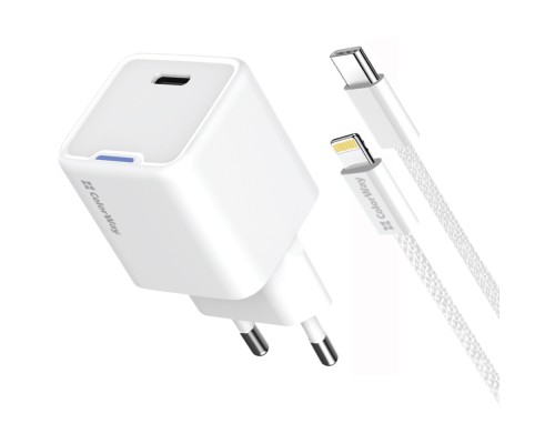 Зарядний пристрій ColorWay C101D GaN Mini 20W PD PPS USB-C + cable USB-C to Lightning white (CW-CHS059PDL-WT)
