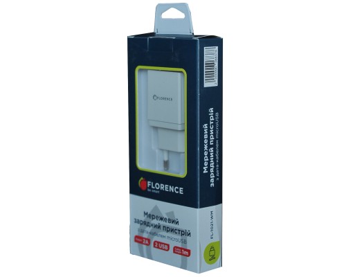Зарядний пристрій Florence 2USB 2A + microUSB cable white (FL-1021-WM)