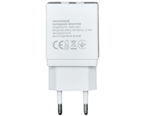 Зарядний пристрій Florence 2USB 2A + microUSB cable white (FL-1021-WM)