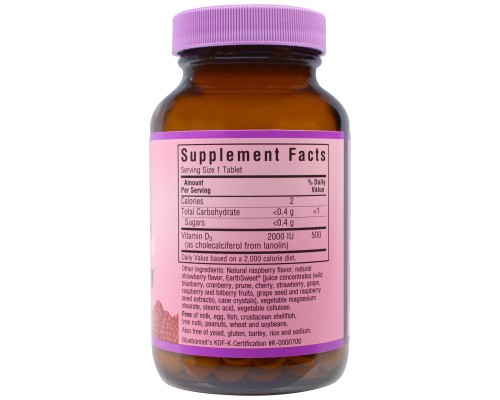 Вітамін Bluebonnet Nutrition Вітамін D3 2000IU, Смак Малини, Earth Sweet Chewables, 90 ж (BLB-00364)