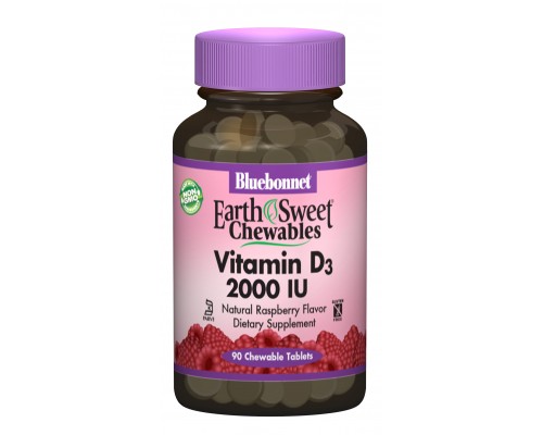 Вітамін Bluebonnet Nutrition Вітамін D3 2000IU, Смак Малини, Earth Sweet Chewables, 90 ж (BLB-00364)