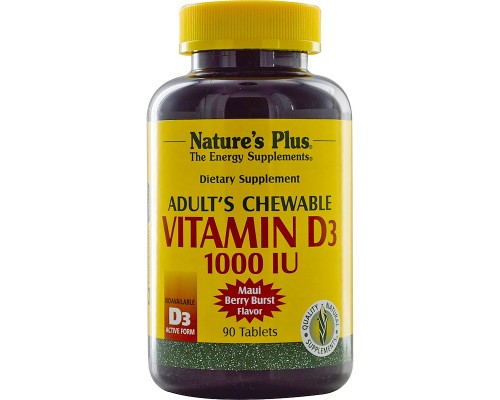 Вітамін Natures Plus Жувальний вітамін D3 для дорослих, Смак ягід, 1000 МE, 90 (NTP1044)