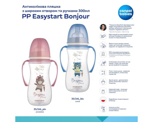 Пляшечка для годування Canpol babies PP Easystart Bonjour Paris антиколікова з широким отвором та ручками 300 мл син (35/241_blu)