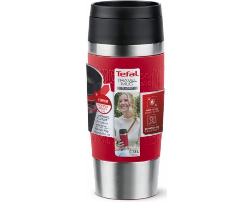 Термокружка Tefal Travel Mug Classic, 360мл, нержавіюча сталь, червоний (N2020410)