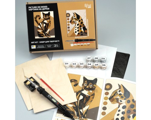 Набір для творчості Rosa Start Cats 2 випалювання картини на дереві, з фарбами, в коробці (4823098544692)