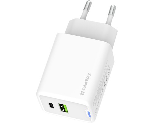 Зарядний пристрій ColorWay C101E GaN Mini 45W PD PPS USB-C + USB-A QC4.0 white (CW-CHS060PD-WT)
