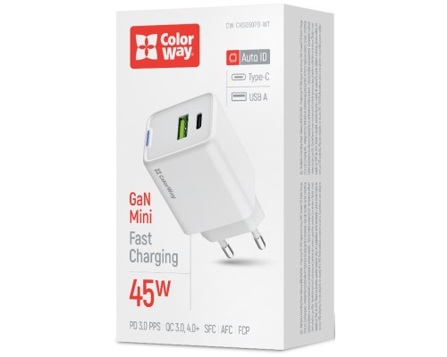 Зарядний пристрій ColorWay C101E GaN Mini 45W PD PPS USB-C + USB-A QC4.0 white (CW-CHS060PD-WT)