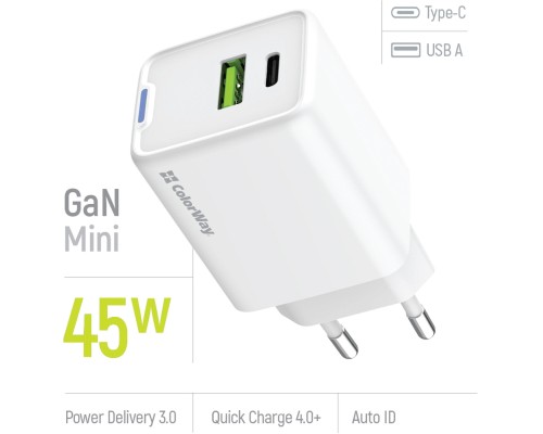 Зарядний пристрій ColorWay C101E GaN Mini 45W PD PPS USB-C + USB-A QC4.0 white (CW-CHS060PD-WT)