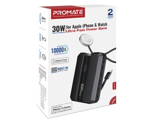 Батарея універсальна Promate 10000mAh PD/30W, iWatch charging (neo-10.black)