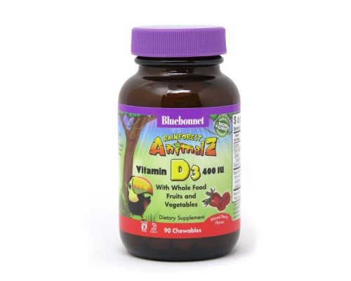 Вітамін Bluebonnet Nutrition Вітамін D3 400IU для Дітей, Смак Ягід, Rainforest Animalz, (BLB-00194)