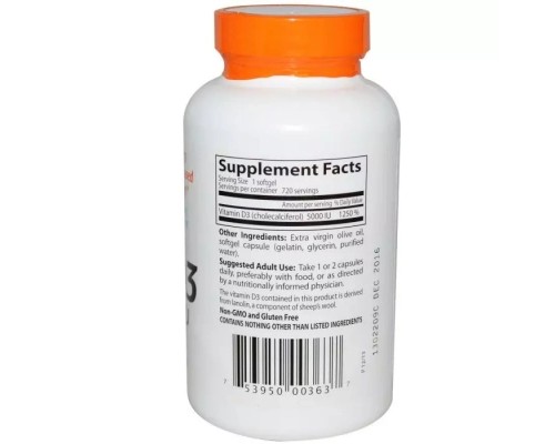 Вітамін Doctor's Best Вітамін D3 5000IU, 720 желатинових капсул (DRB-00363) Вітамін Doctor's Best Вітамін D3 5000IU, 720 желатинових капсул (DRB-00363)