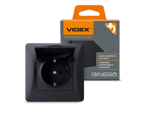 Розетка Videx BINERA 1ая із заземленням і кришкою черн (VF-BNSK1GС-BG)