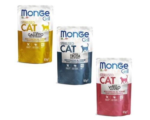 Вологий корм для кішок Monge Cat grill mix ster з півнем, фореллю та телятиною 1.02 г (8009470017527)