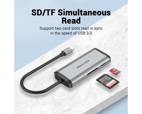 Концентратор Vention USB 3.1 Type-C to 3хUSB 3.0/TF/SD/PD 87W 6-in-1 (TGRHB)