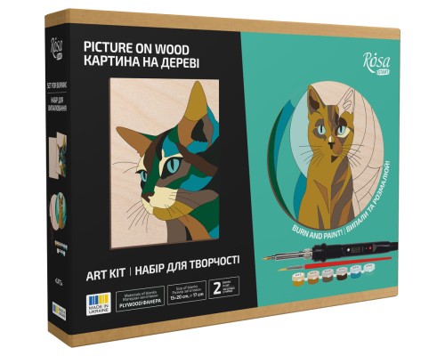 Набір для творчості Rosa Start Cats випалювання картини на дереві, з фарбами, в коробці (4823098544708)