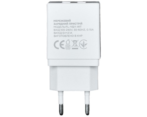 Зарядний пристрій Florence 2USB 2A + Type-C cable white (FL-1021-WT)