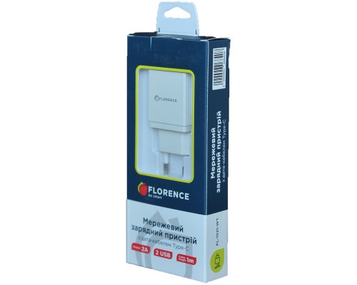 Зарядний пристрій Florence 2USB 2A + Type-C cable white (FL-1021-WT)