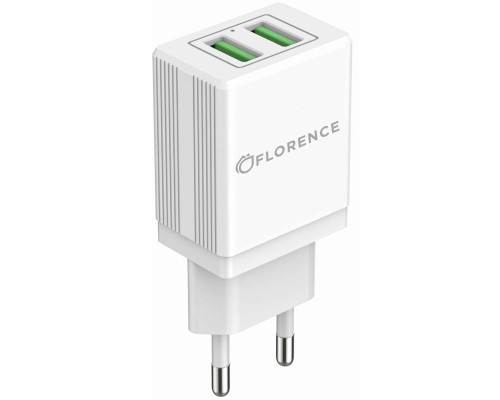 Зарядний пристрій Florence 2USB 2A + Type-C cable white (FL-1021-WT)