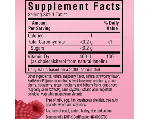 Вітамін Bluebonnet Nutrition Вітамін D3 400IU, Смак Малини, Earth Sweet Chewables, 90 жу (BLB0360)