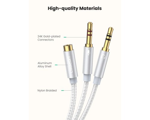 Кабель мультимедійний AUX 3.5mm TRRS to TRSx2 M/M 0.2m Aluminum Case AV140 White Ugreen (10790)