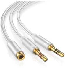 Кабель мультимедійний AUX 3.5mm TRRS to TRSx2 M/M 0.2m Aluminum Case AV140 White Ugreen (10790)
