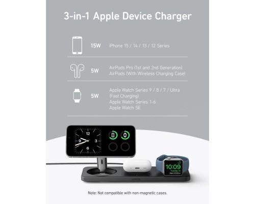 Зарядний пристрій Anker MagGo Wireless Charging Station 15W 3-in-1 Pad Black (B25M1311)