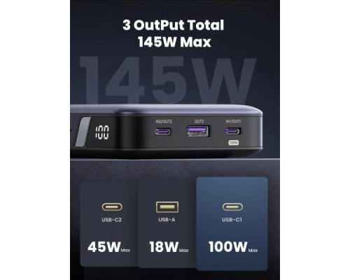 Батарея універсальна Ugreen 25000mAh 145W PD/3.0, QC/3.0, наскр. живл. 65Вт (PB205) (90597A)