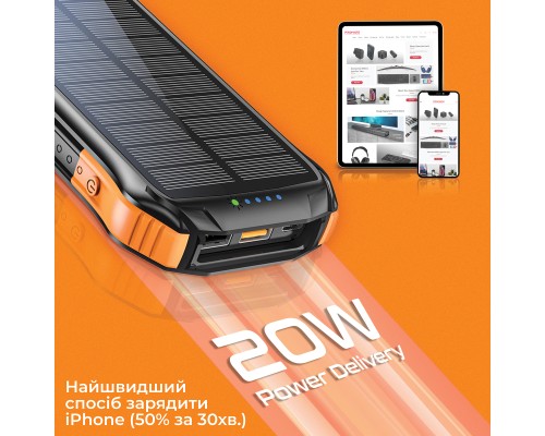 Батарея універсальна Promate 10000mAh PD/20W, QC/3/0, Solar, QI, IP65 (solartank-10pdqi.black)