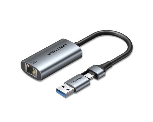 Перехідник USB-C + USB-A to Gigabit Ethernet Adapter 0.15M Gray Aluminum Alloy Type VENTION (CFQHB)