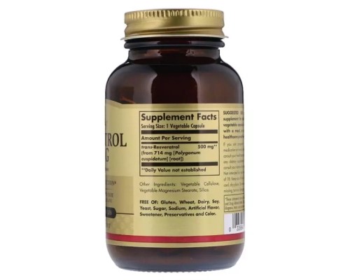 Антиоксидант Solgar Ресвератрол 500 мг, 30 гелевих капсул (SOL-31045)