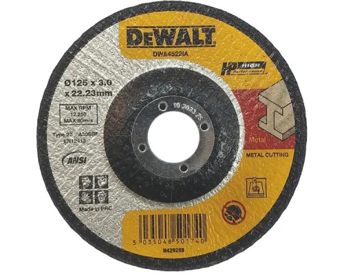 Круг відрізний DeWALT HIG PERFORMANCE, сталь/металеві труби та профілі/кольорові мет, 125х3х22.23 мм (DWA4522IA)