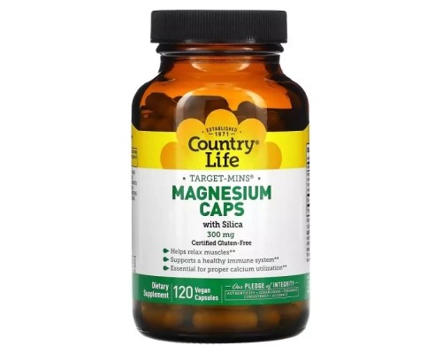 Мінерали Country Life Магній з кремнієм, 300 мг, Target-Mins, Magnesium Caps with Silica, 120 вегет. (CLF-02475)