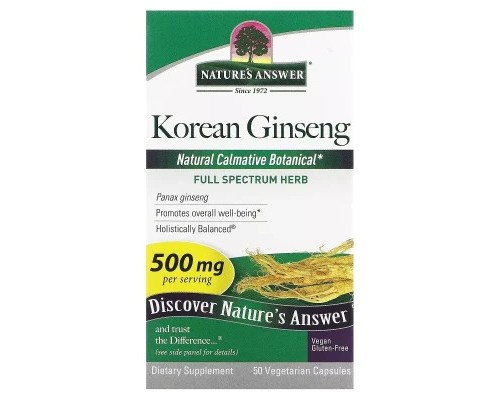 Трави Nature's Answer Корейський женьшень, 500 мг, Korean Ginseng, 50 вегетаріанських кан. (NTA-16234)