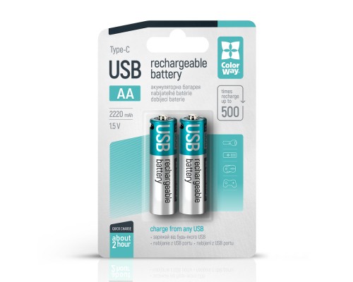 Акумулятор ColorWay AA USB-С 2220 mAh 1.5V (2шт) (Li-Polymer) (CW-UBAA-10) 